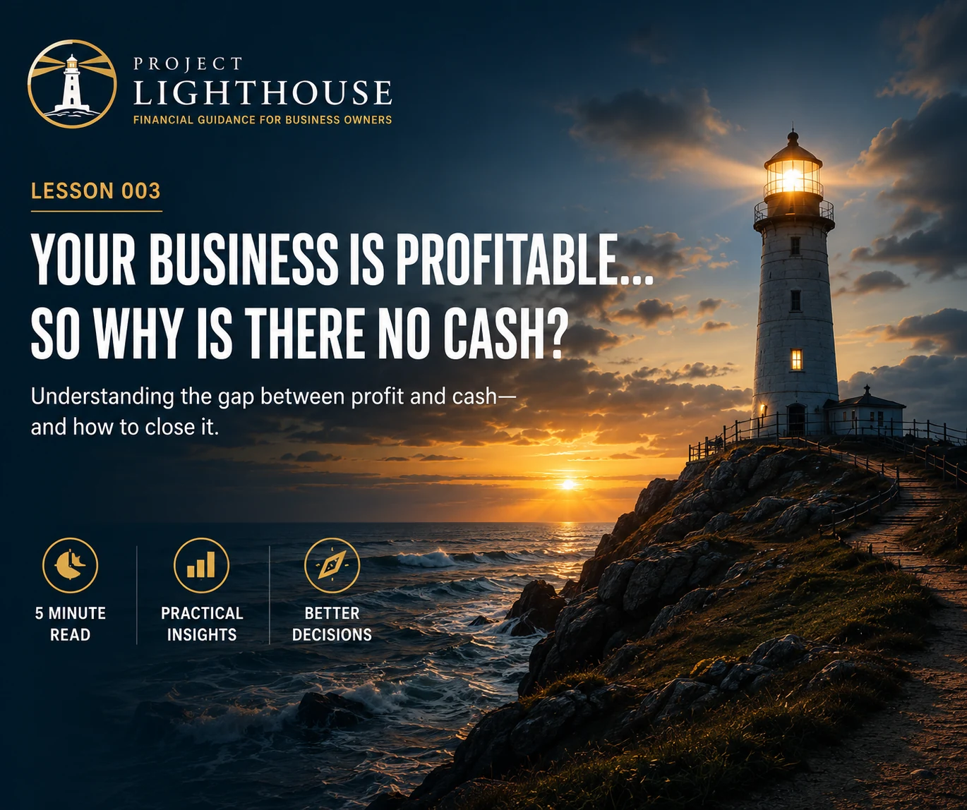 Project Lighthouse Lesson 003 showing a lighthouse at sunset illustrating why a profitable business can still experience cash shortages.