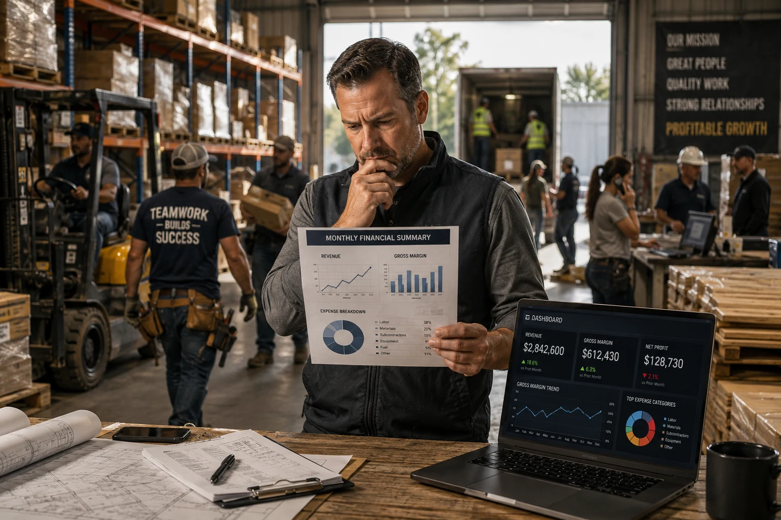 Busy business owner reviewing rising revenue and disappointing profit while employees work around him.