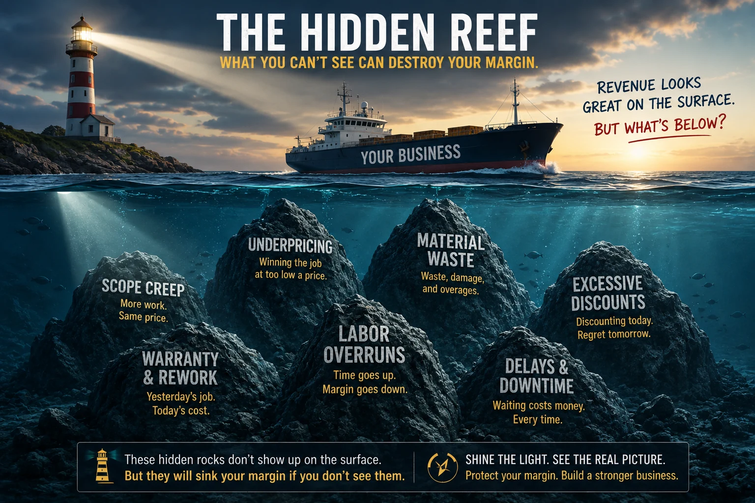 Business ship sailing above hidden underwater rocks labeled scope creep, underpricing, labor overruns, material waste, warranty and rework, delays, and discounts.