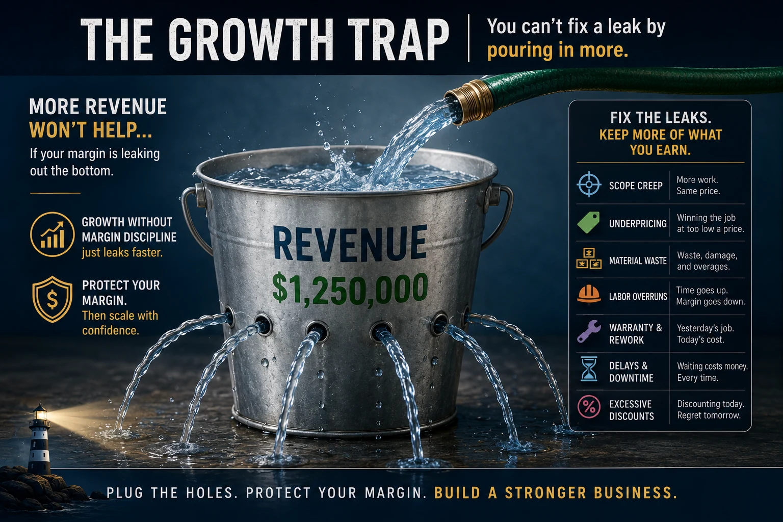 Revenue pouring into a bucket while water escapes through holes representing scope creep, underpricing, labor overruns, waste, rework, delays, and discounts.
