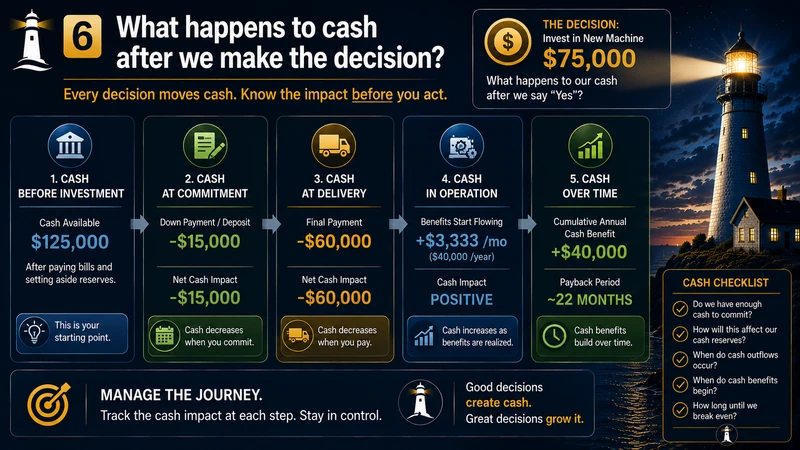 Cash impact of a $75,000 business investment showing available cash after obligations and reserves and the effect of the decision over time.