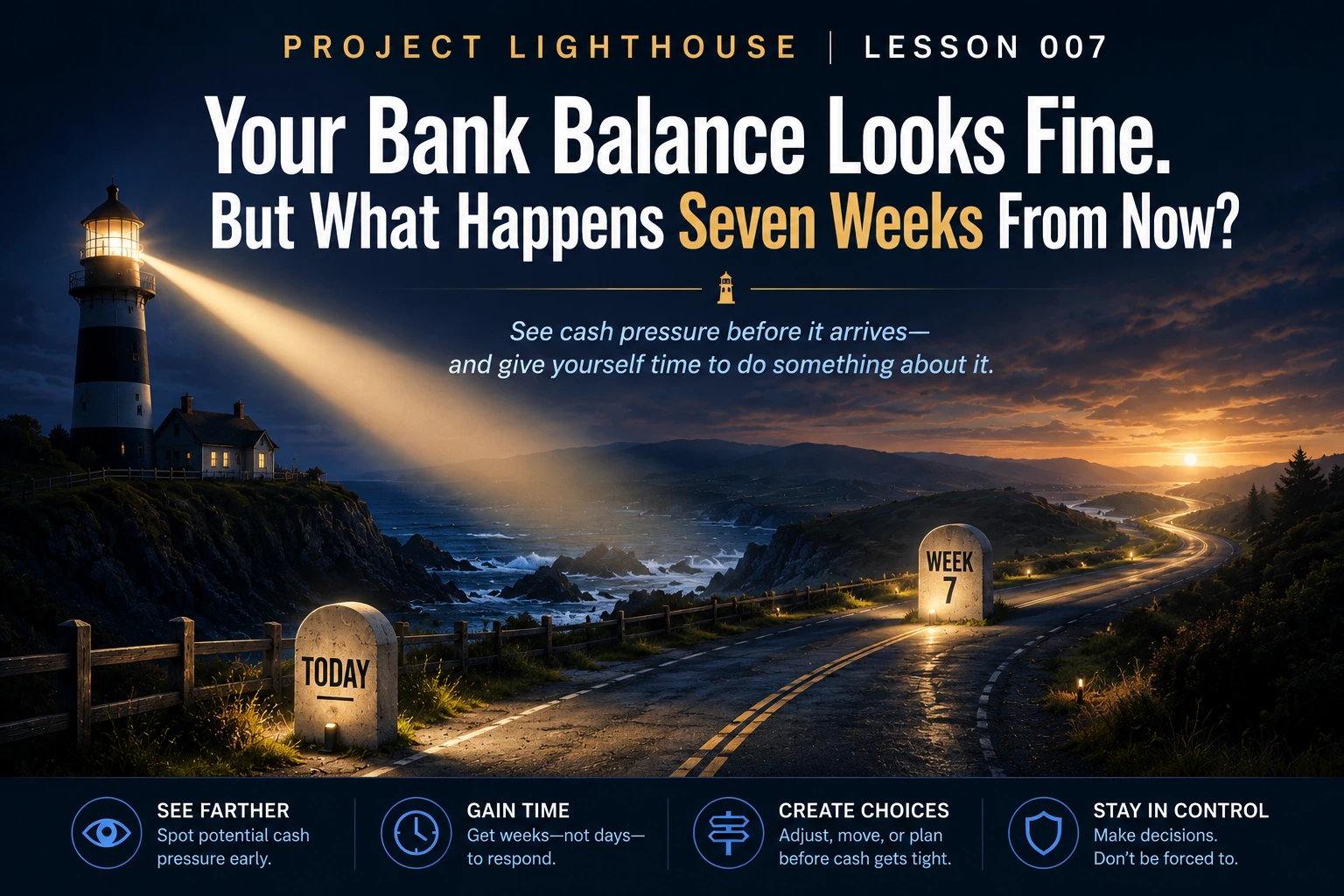 Project Lighthouse Lesson 007 on using a 13-week cash flow forecast to see future cash pressure