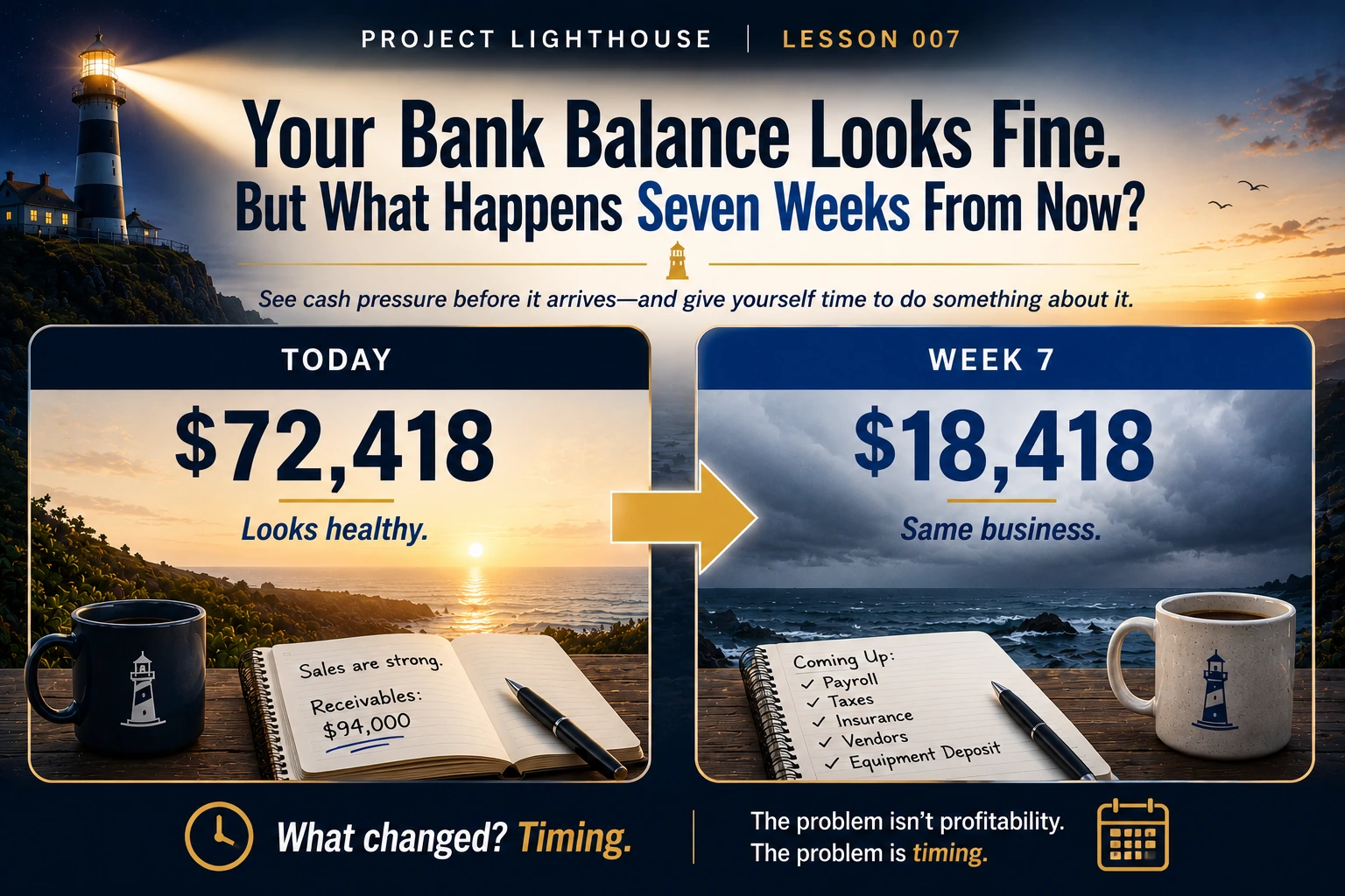 Business cash balance falling from $72,418 today to $18,418 in Week 7 because of cash flow timing