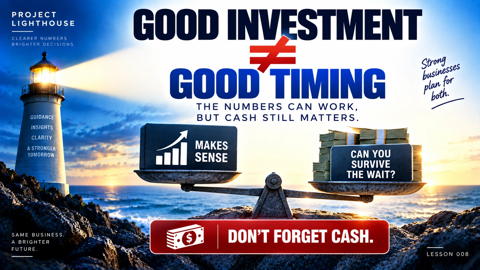 Good investment does not always mean good timing because a business must maintain sufficient cash while waiting for the return