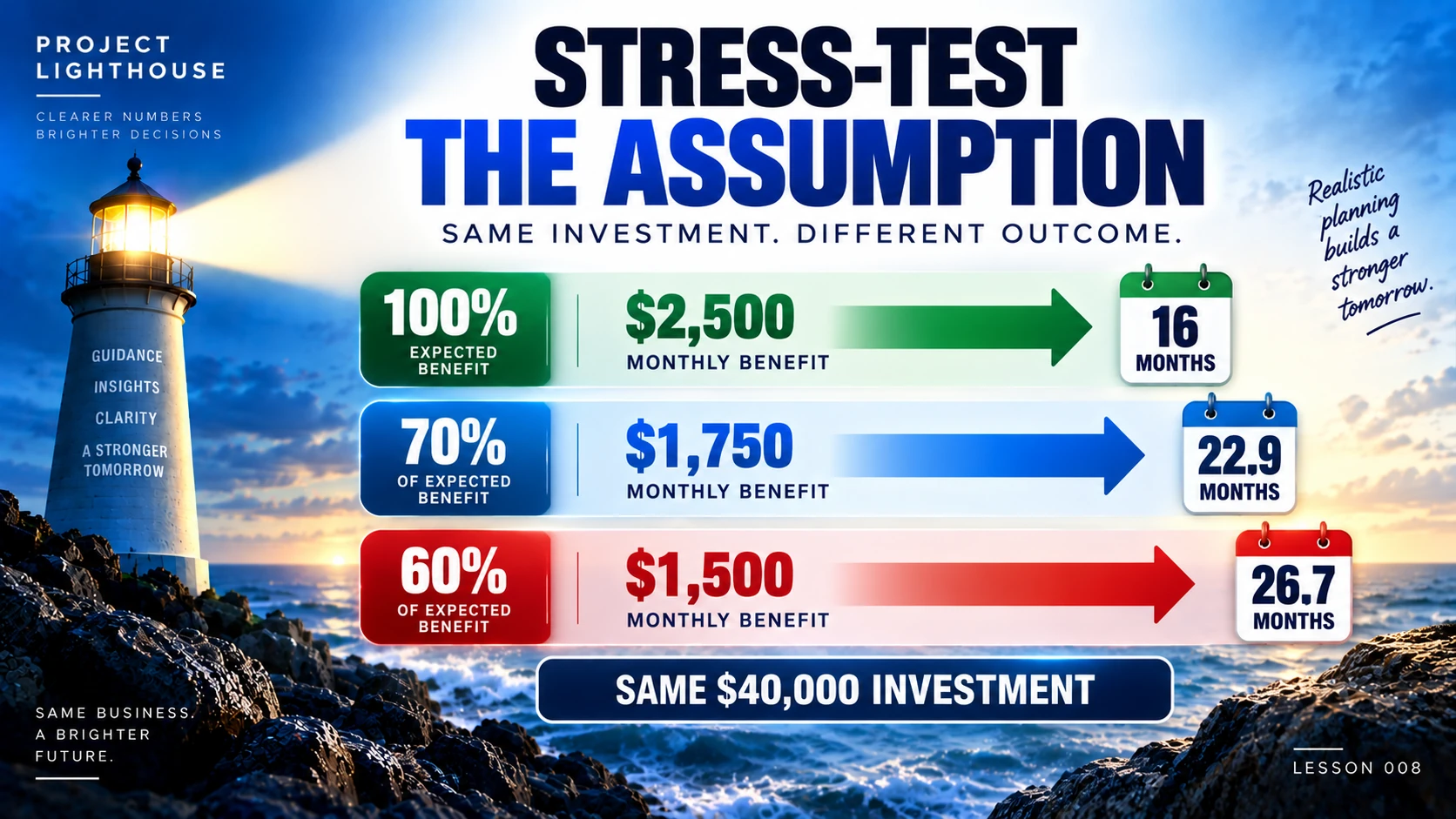 Stress test showing a $40,000 investment payback increasing from 16 to 26.7 months as expected benefit declines