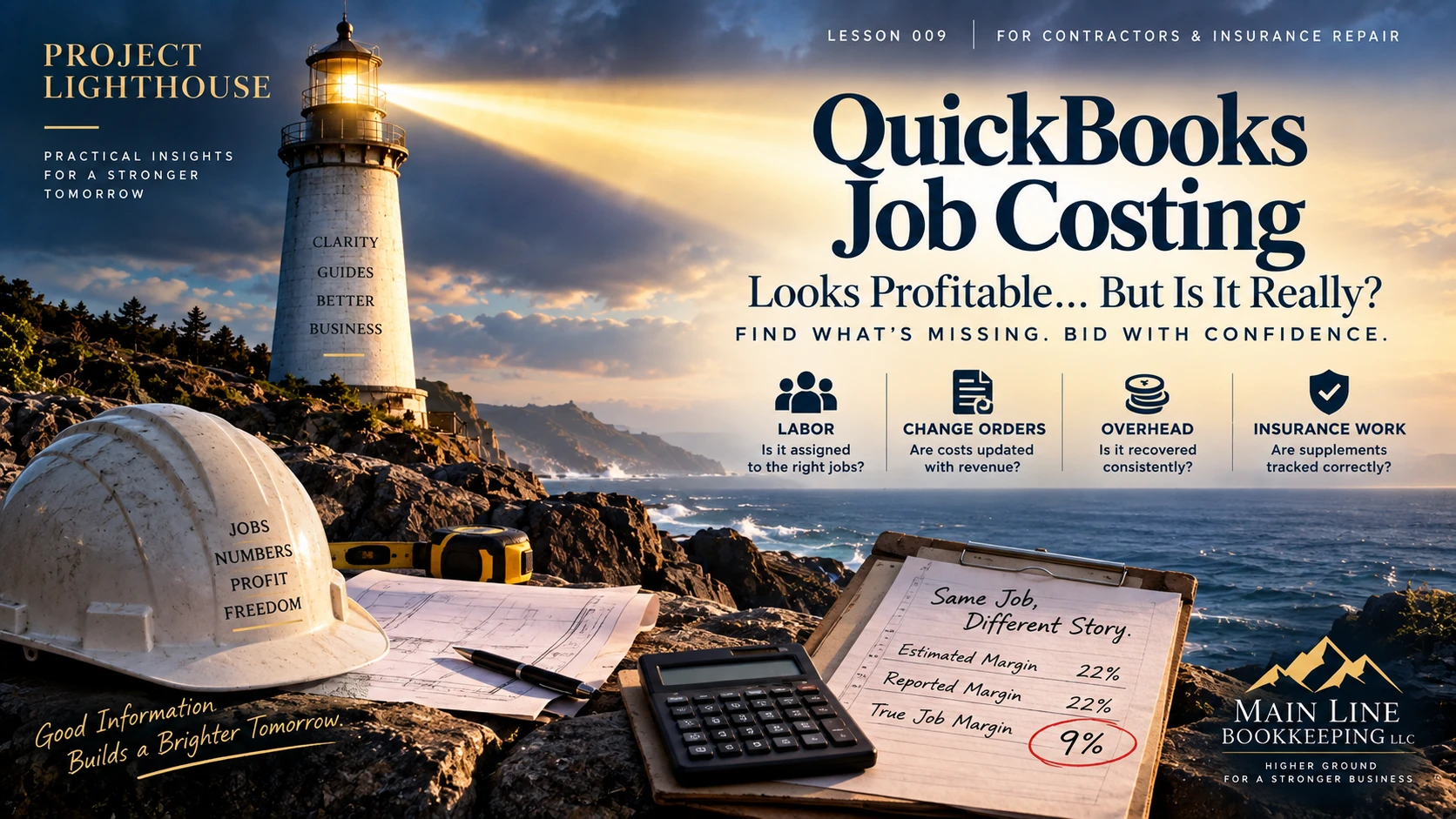 Project Lighthouse 009 – QuickBooks Job Costing Project Lighthouse Lesson 009 QuickBooks job costing illustration showing reported margin versus true job margin