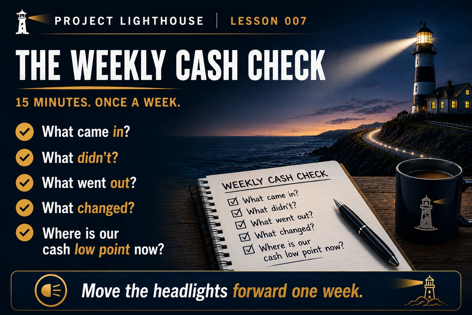 Weekly cash flow checklist for reviewing cash received, cash paid, changes, and the projected cash low point