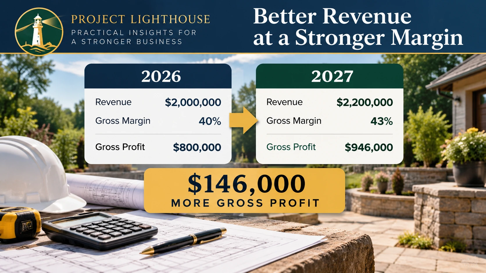 2026 versus 2027 revenue and gross margin example showing 146000 dollars more gross profit
