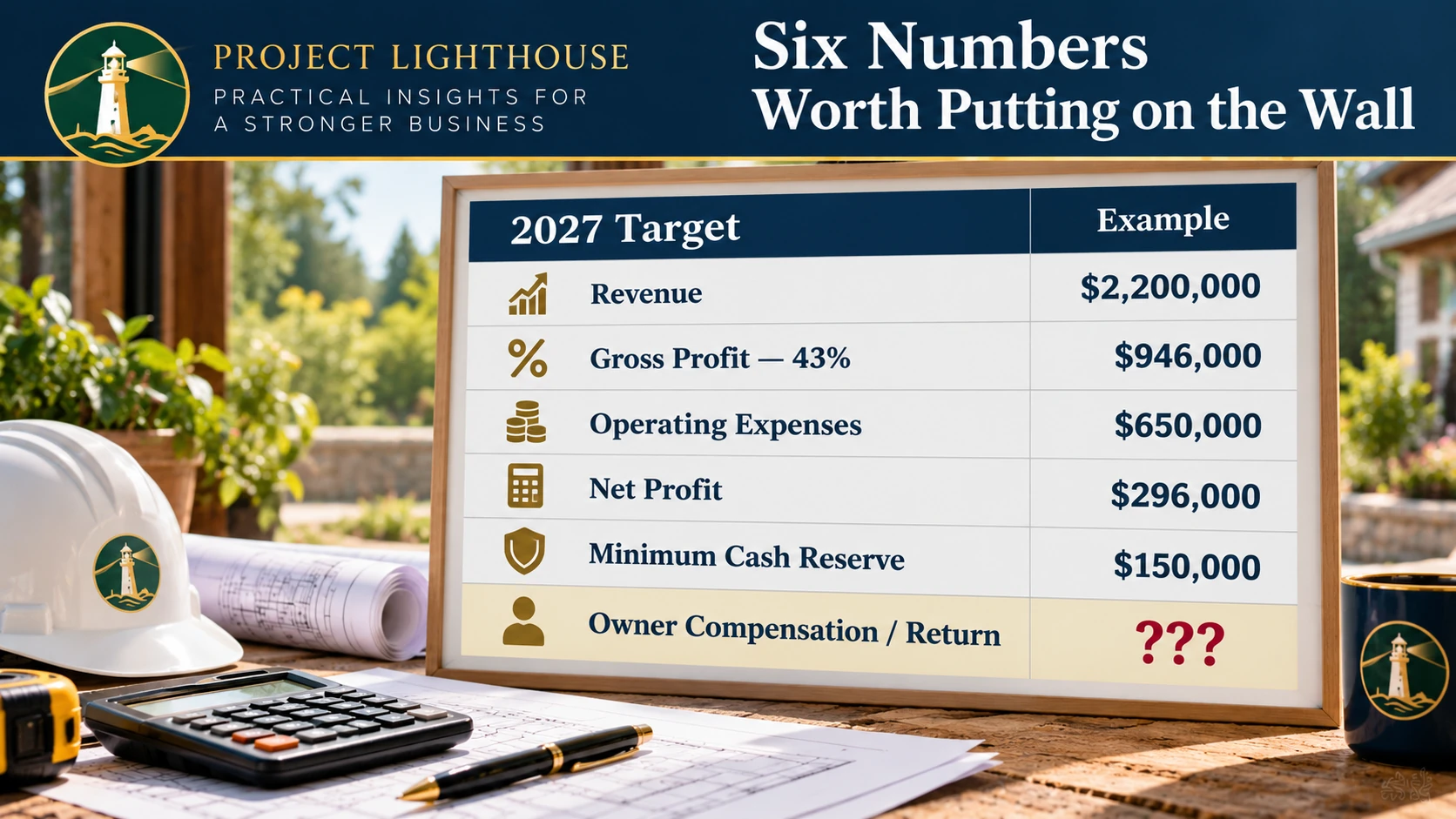 Six 2027 business budget targets including revenue gross profit expenses net profit cash reserve and owner return