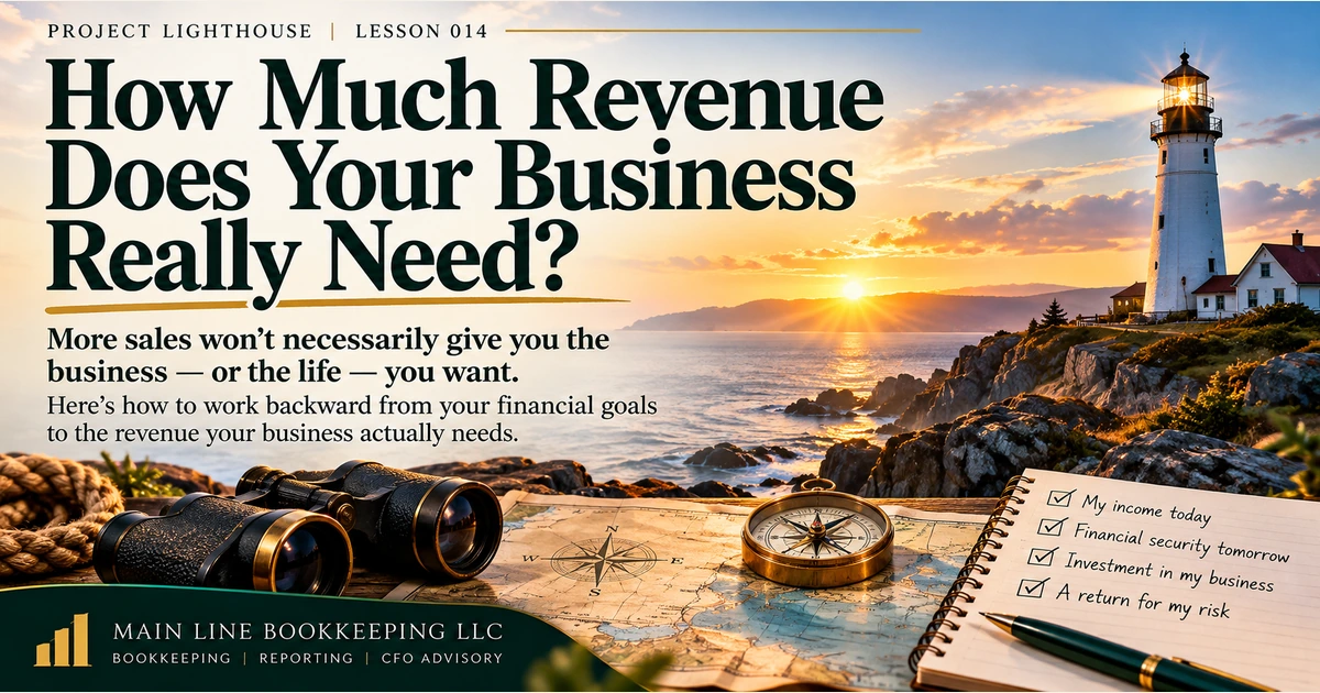 How much revenue does my business need? Lighthouse and compass representing financial planning, profit goals, and revenue targets.