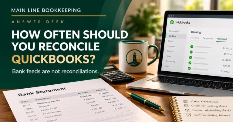 How often should you reconcile QuickBooks? Business bookkeeping workspace with laptop, bank statement, and financial records.