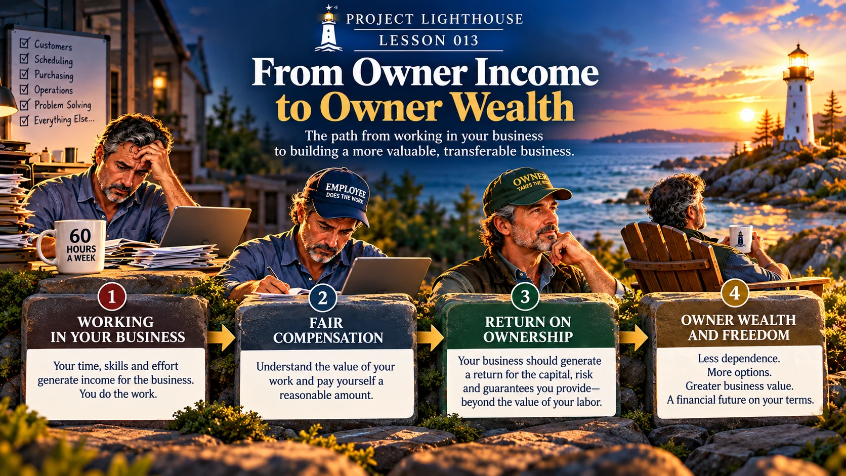 From owner income to owner wealth: four stages from working in your business to compensation, ownership returns, and financial freedom