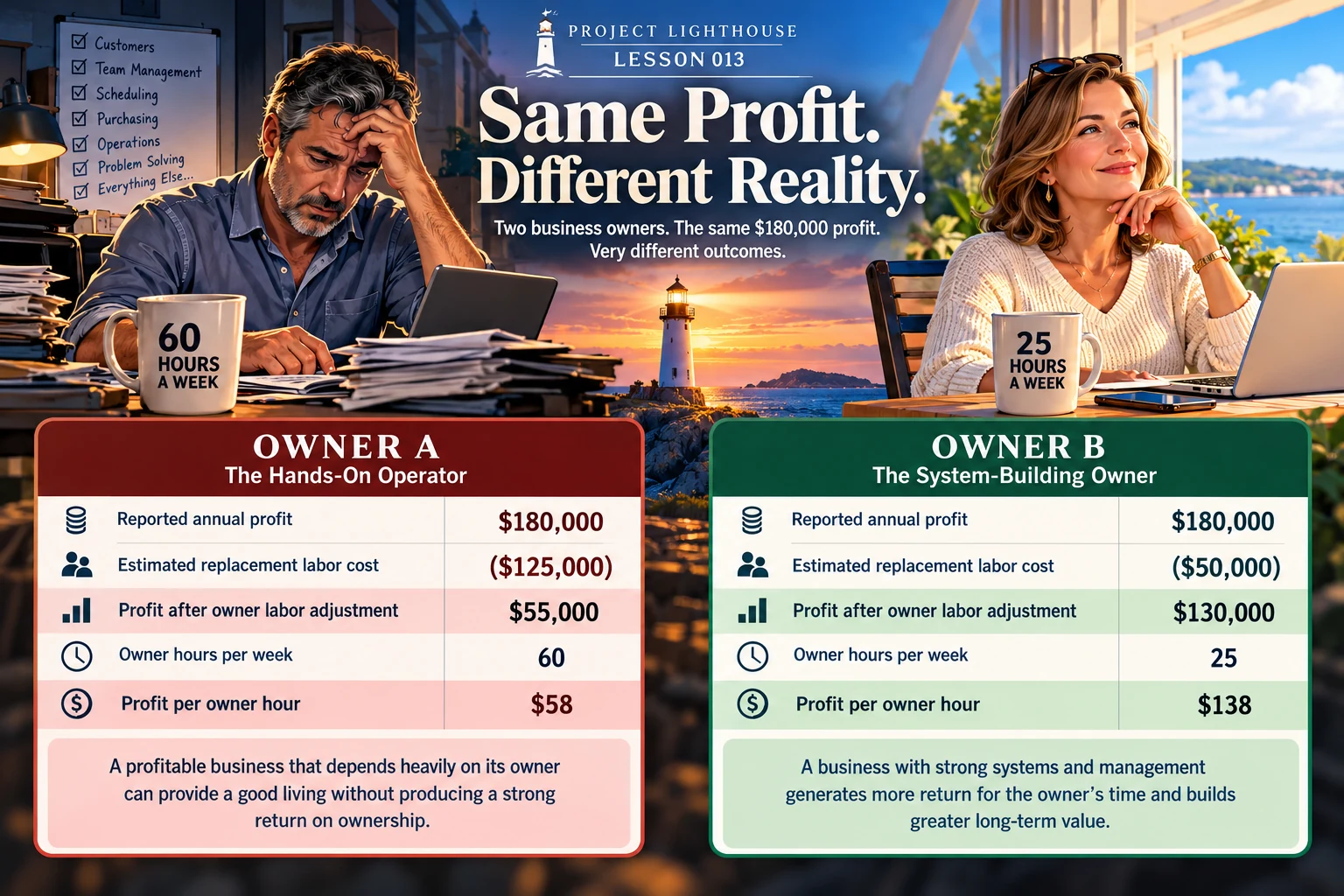 Business owner compensation comparison: same $180,000 reported profit but $55,000 versus $130,000 in labor-adjusted profit